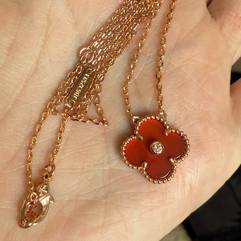 VCA Style Carnelian Clover Alhambra Rose Gold Holiday Pendant Necklace